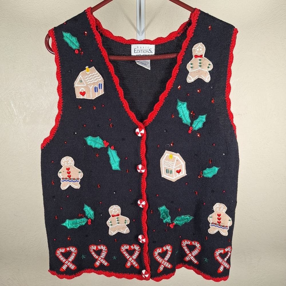 Basic Editions Vintage Sweater Vest Christmas Holiday Gingerbread Man   Large